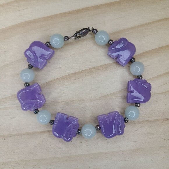 None Jewelry - Vtg Lavender & Green Jade Elephant Beaded Bracelet With Silver Clasp Sz 6.25